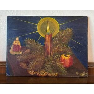 1954 16'' x 12'' Original Christmas Candle Angel Oil Painting Unframed Signed